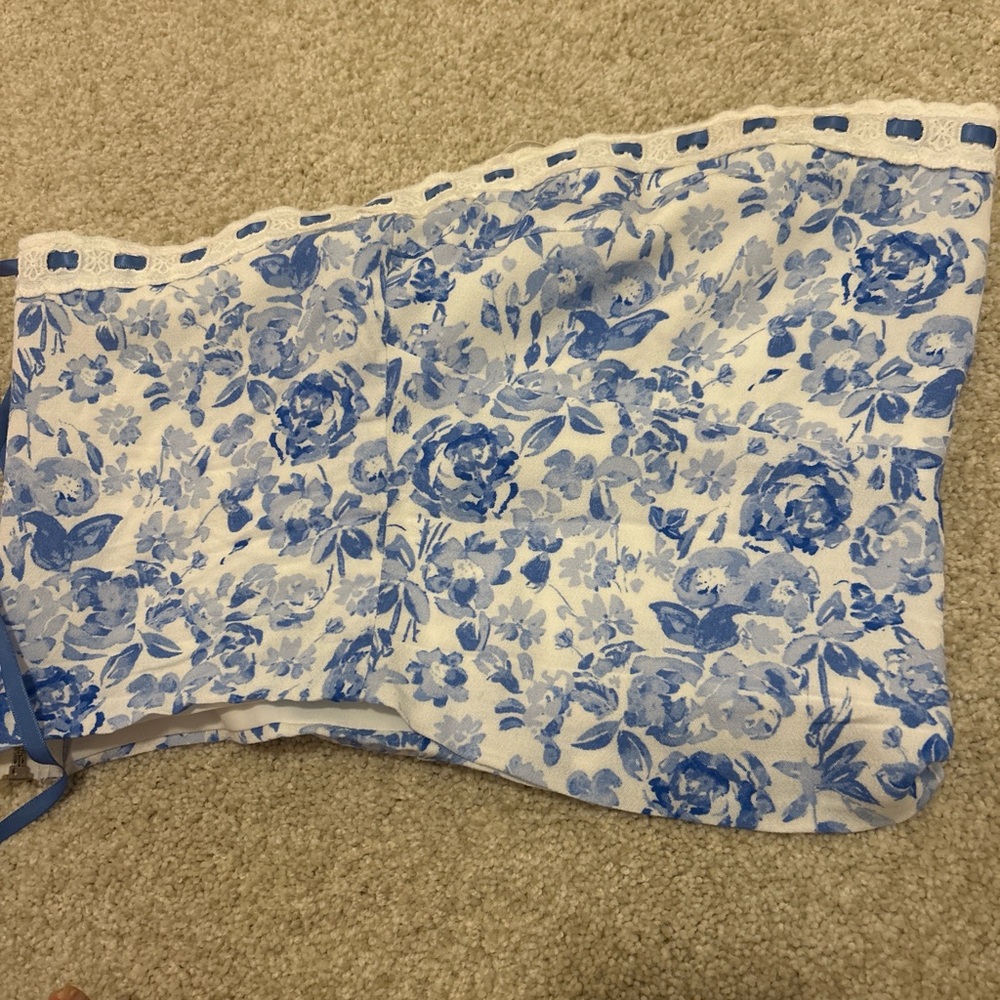 Blue Floral Strapless Crop Top